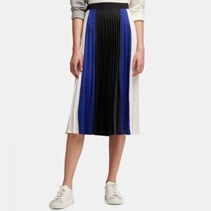 DKNY Colorblock Blue, Black, and White Pleated‎ Midi Skirt Size Large
